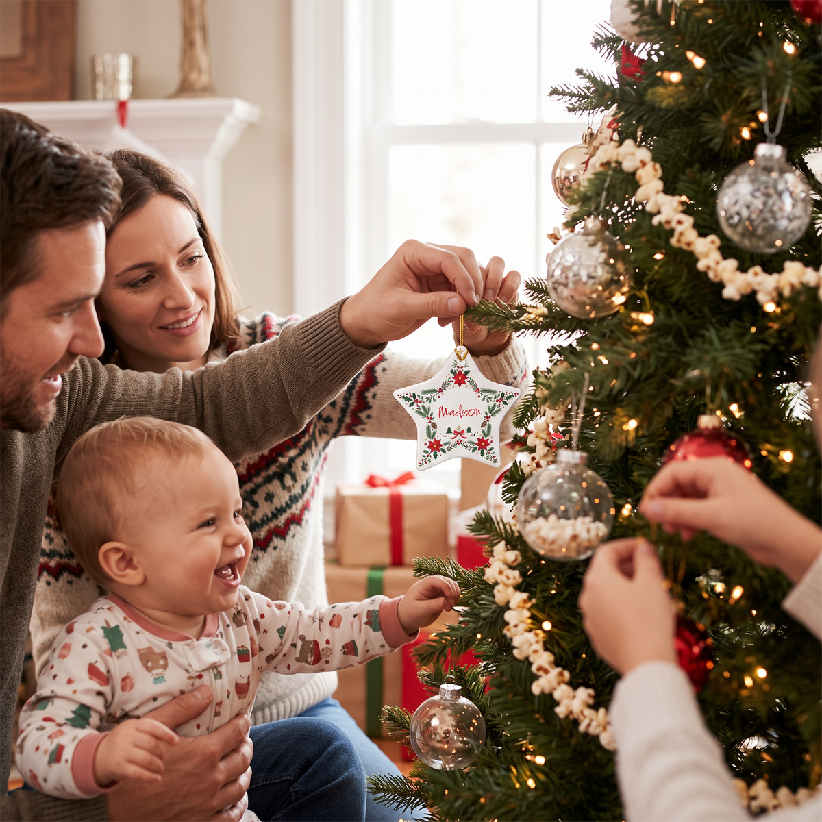 Parents and baby hanging the personalized poinsettia star ornament on the tree