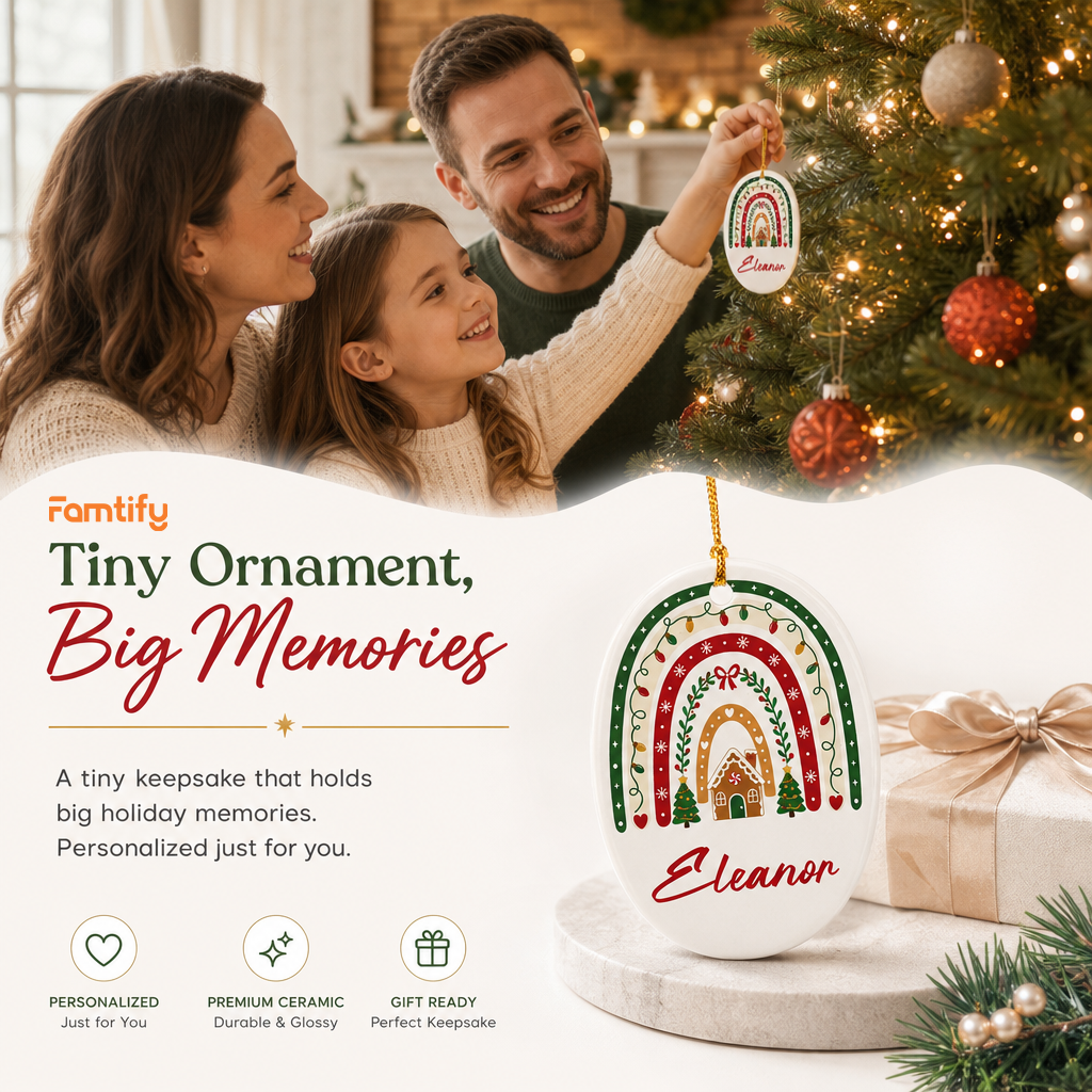 Tiny Ornament, Big Memories banner with a family and the Christmas rainbow name ornament