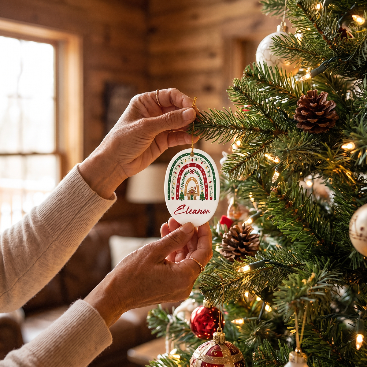 Hands hanging the personalized Christmas rainbow ornament on a tree