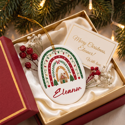Christmas rainbow ceramic ornament in a gift box with a Merry Christmas name card