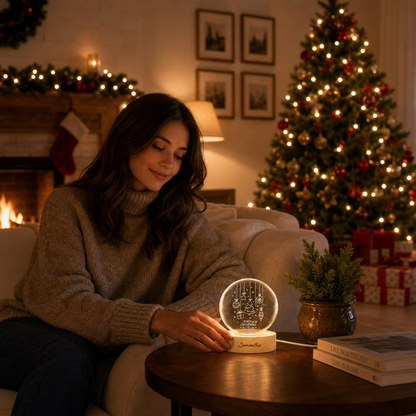 Custom Merry Christmas Ornaments Tree 3D Laser Engraved Crystal Ball with LED Wooden Standee, Personalized Name Holiday Glowing Tabletop Night Light Keepsake