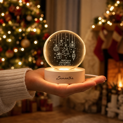 Custom Merry Christmas Ornaments Tree 3D Laser Engraved Crystal Ball with LED Wooden Standee, Personalized Name Holiday Glowing Tabletop Night Light Keepsake