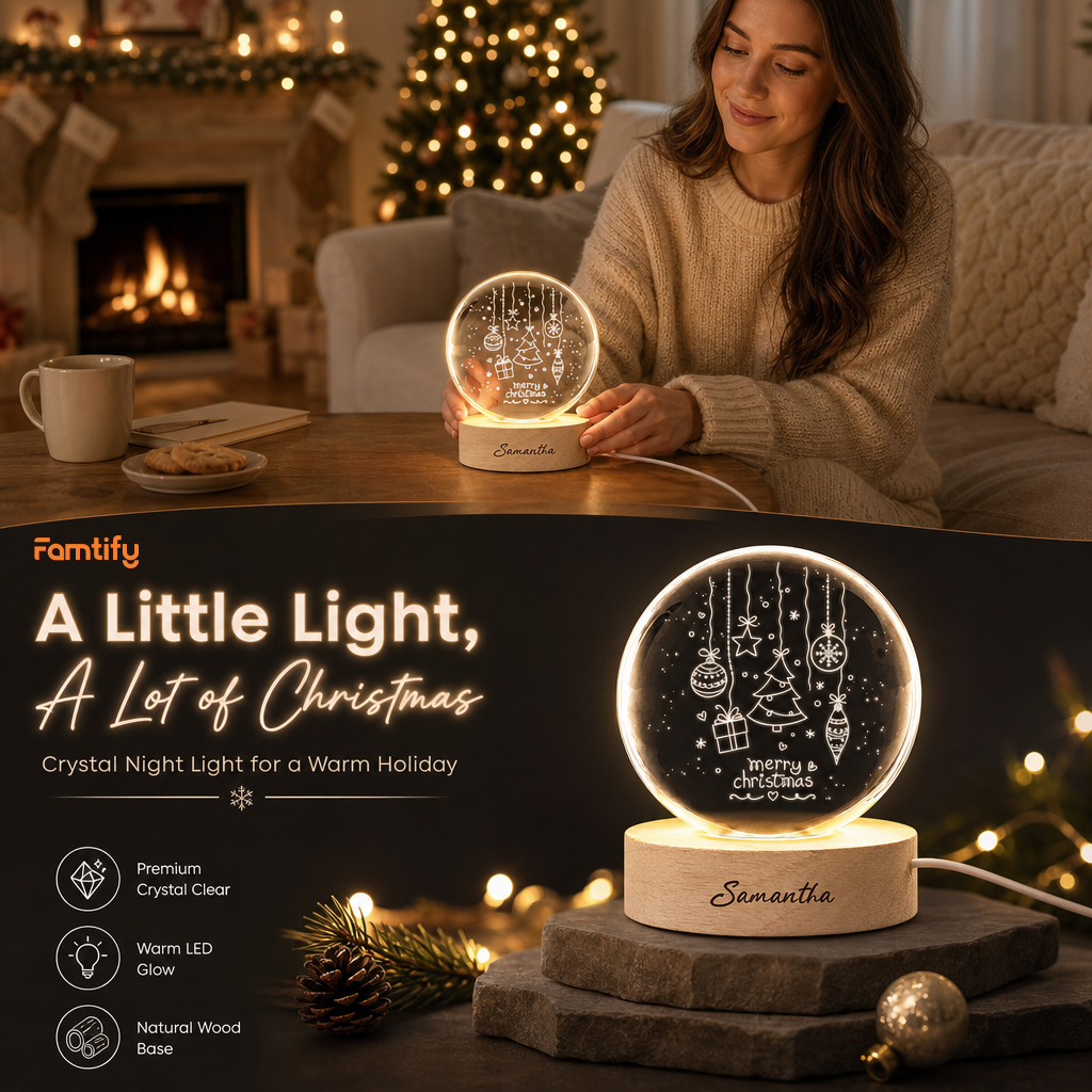 Custom Merry Christmas Ornaments Tree 3D Laser Engraved Crystal Ball with LED Wooden Standee, Personalized Name Holiday Glowing Tabletop Night Light Keepsake