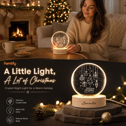 Custom Merry Christmas Ornaments Tree 3D Laser Engraved Crystal Ball with LED Wooden Standee, Personalized Name Holiday Glowing Tabletop Night Light Keepsake