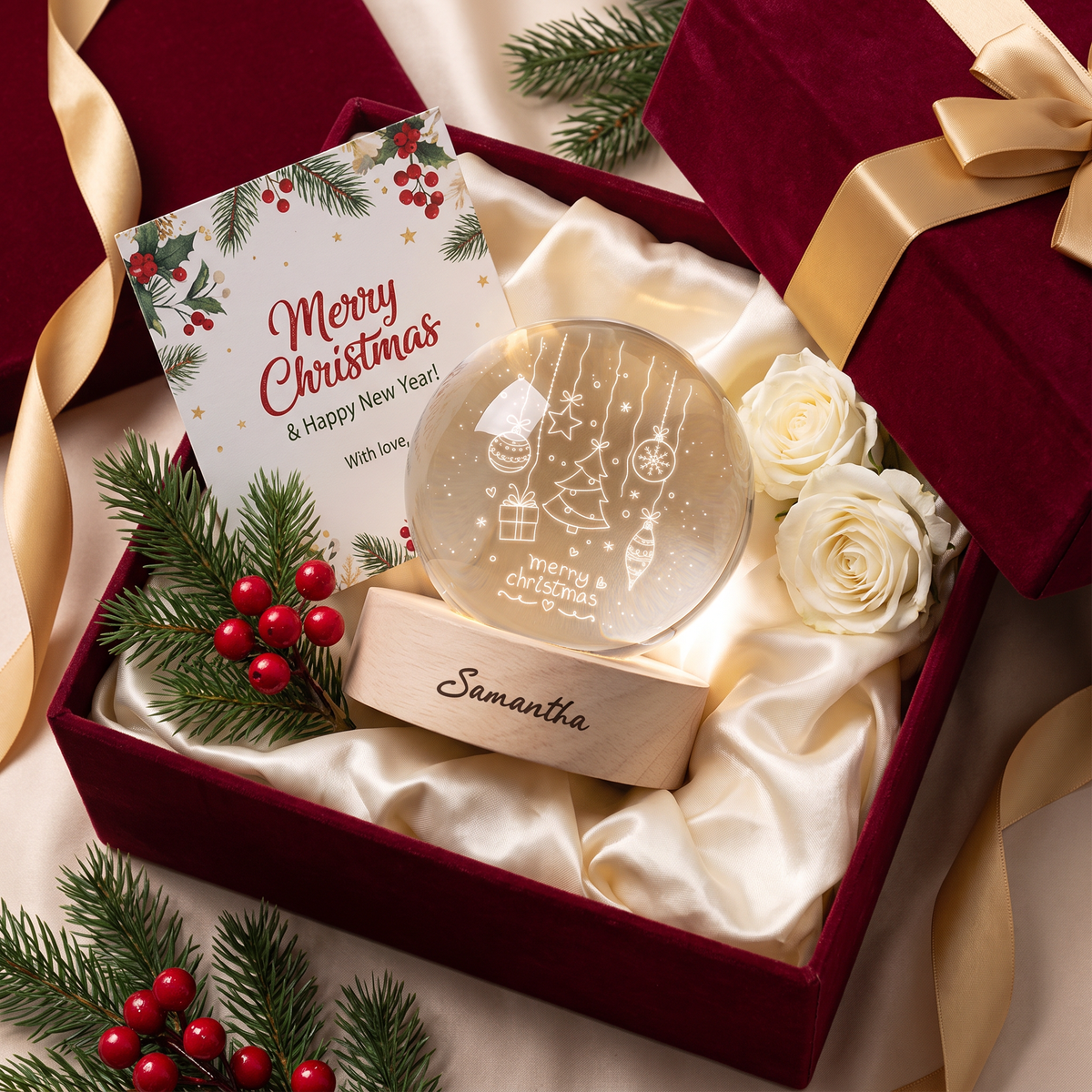 Custom Merry Christmas Ornaments Tree 3D Laser Engraved Crystal Ball with LED Wooden Standee, Personalized Name Holiday Glowing Tabletop Night Light Keepsake