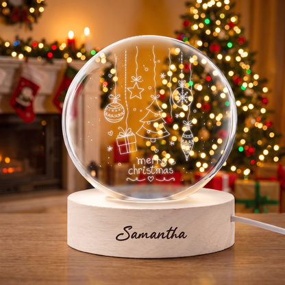 Custom Merry Christmas Ornaments Tree 3D Laser Engraved Crystal Ball with LED Wooden Standee, Personalized Name Holiday Glowing Tabletop Night Light Keepsake