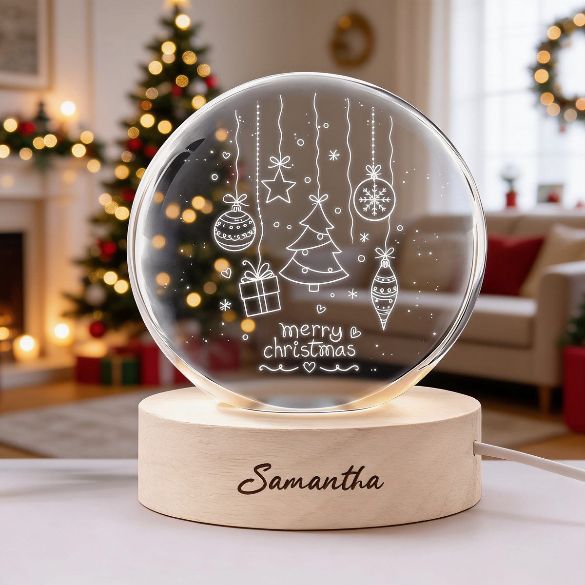 Custom Merry Christmas Ornaments Tree 3D Laser Engraved Crystal Ball with LED Wooden Standee, Personalized Name Holiday Glowing Tabletop Night Light Keepsake