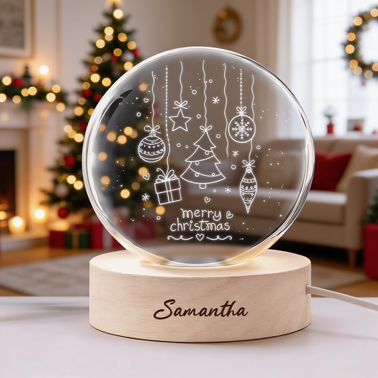 Custom Merry Christmas Ornaments Tree 3D Laser Engraved Crystal Ball with LED Wooden Standee, Personalized Name Holiday Glowing Tabletop Night Light Keepsake