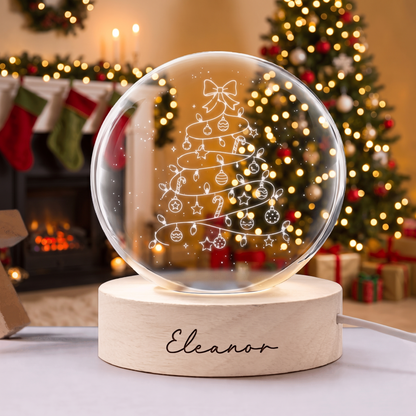 Custom Christmas Tree Lights Ribbon Bow 3D Laser Engraved Crystal Ball with LED Wooden Standee, Personalized Name Holiday Glowing Tabletop Night Light Keepsake