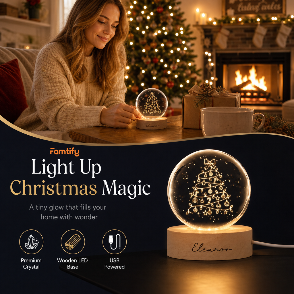 Custom Christmas Tree Lights Ribbon Bow 3D Laser Engraved Crystal Ball with LED Wooden Standee, Personalized Name Holiday Glowing Tabletop Night Light Keepsake