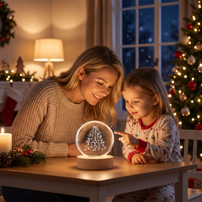 Custom Christmas Tree Lights Ribbon Bow 3D Laser Engraved Crystal Ball with LED Wooden Standee, Personalized Name Holiday Glowing Tabletop Night Light Keepsake