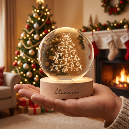 Custom Christmas Tree Lights Ribbon Bow 3D Laser Engraved Crystal Ball with LED Wooden Standee, Personalized Name Holiday Glowing Tabletop Night Light Keepsake
