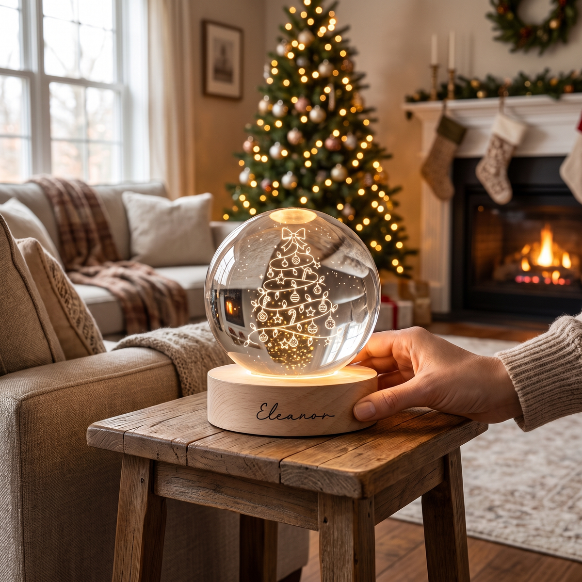 Custom Christmas Tree Lights Ribbon Bow 3D Laser Engraved Crystal Ball with LED Wooden Standee, Personalized Name Holiday Glowing Tabletop Night Light Keepsake