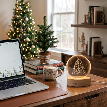 Custom Christmas Tree Lights Ribbon Bow 3D Laser Engraved Crystal Ball with LED Wooden Standee, Personalized Name Holiday Glowing Tabletop Night Light Keepsake