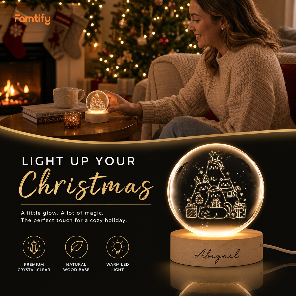 Custom Christmas Cats Tree 3D Laser Engraved Crystal Ball with LED Wooden Standee, Personalized Name Cute Kittens Holiday Glowing Tabletop Night Light Keepsake