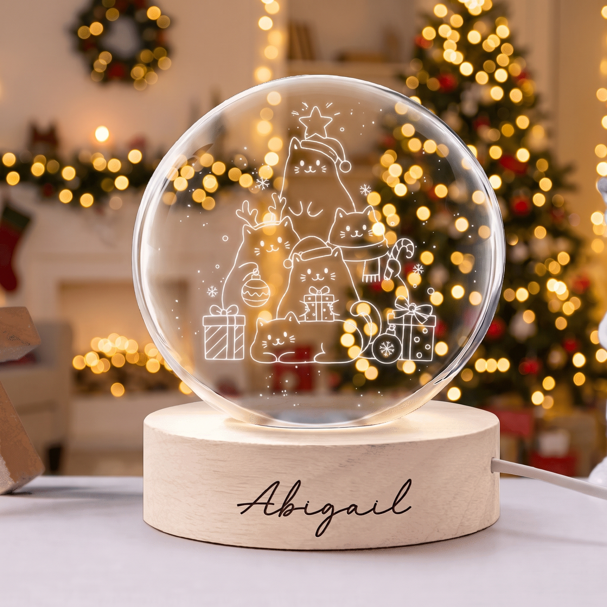 Custom Christmas Cats Tree 3D Laser Engraved Crystal Ball with LED Wooden Standee, Personalized Name Cute Kittens Holiday Glowing Tabletop Night Light Keepsake
