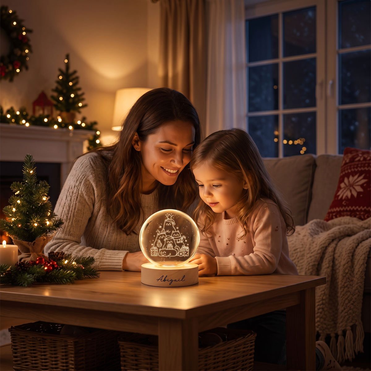Custom Christmas Cats Tree 3D Laser Engraved Crystal Ball with LED Wooden Standee, Personalized Name Cute Kittens Holiday Glowing Tabletop Night Light Keepsake