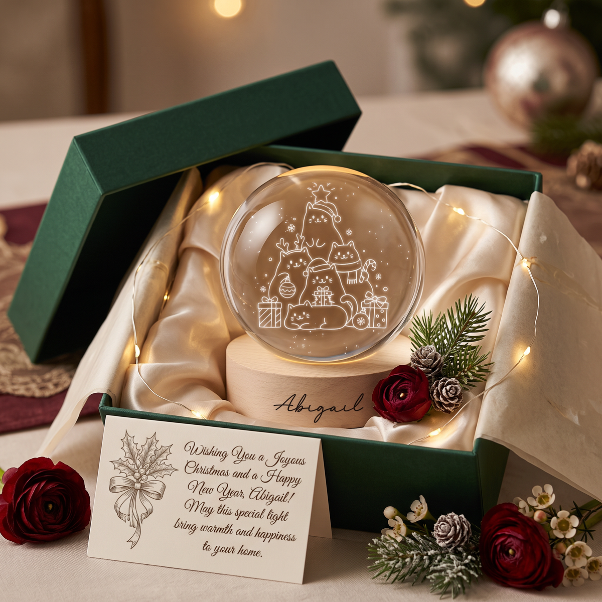 Custom Christmas Cats Tree 3D Laser Engraved Crystal Ball with LED Wooden Standee, Personalized Name Cute Kittens Holiday Glowing Tabletop Night Light Keepsake