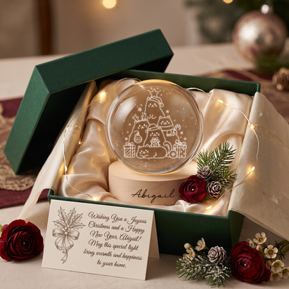 Custom Christmas Cats Tree 3D Laser Engraved Crystal Ball with LED Wooden Standee, Personalized Name Cute Kittens Holiday Glowing Tabletop Night Light Keepsake