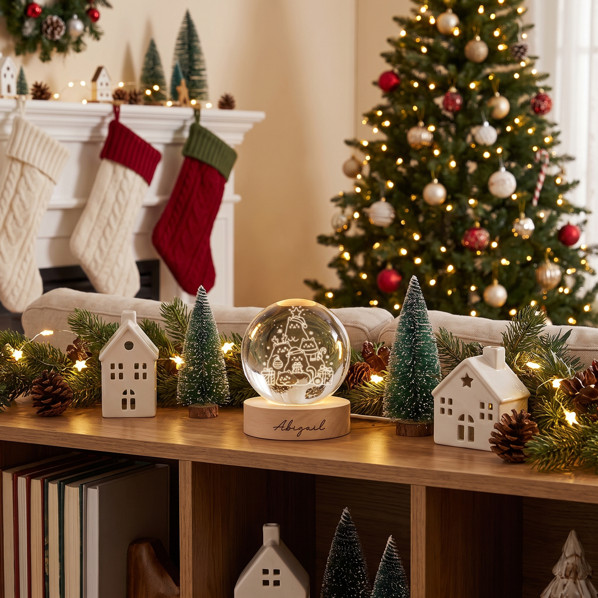 Custom Christmas Cats Tree 3D Laser Engraved Crystal Ball with LED Wooden Standee, Personalized Name Cute Kittens Holiday Glowing Tabletop Night Light Keepsake