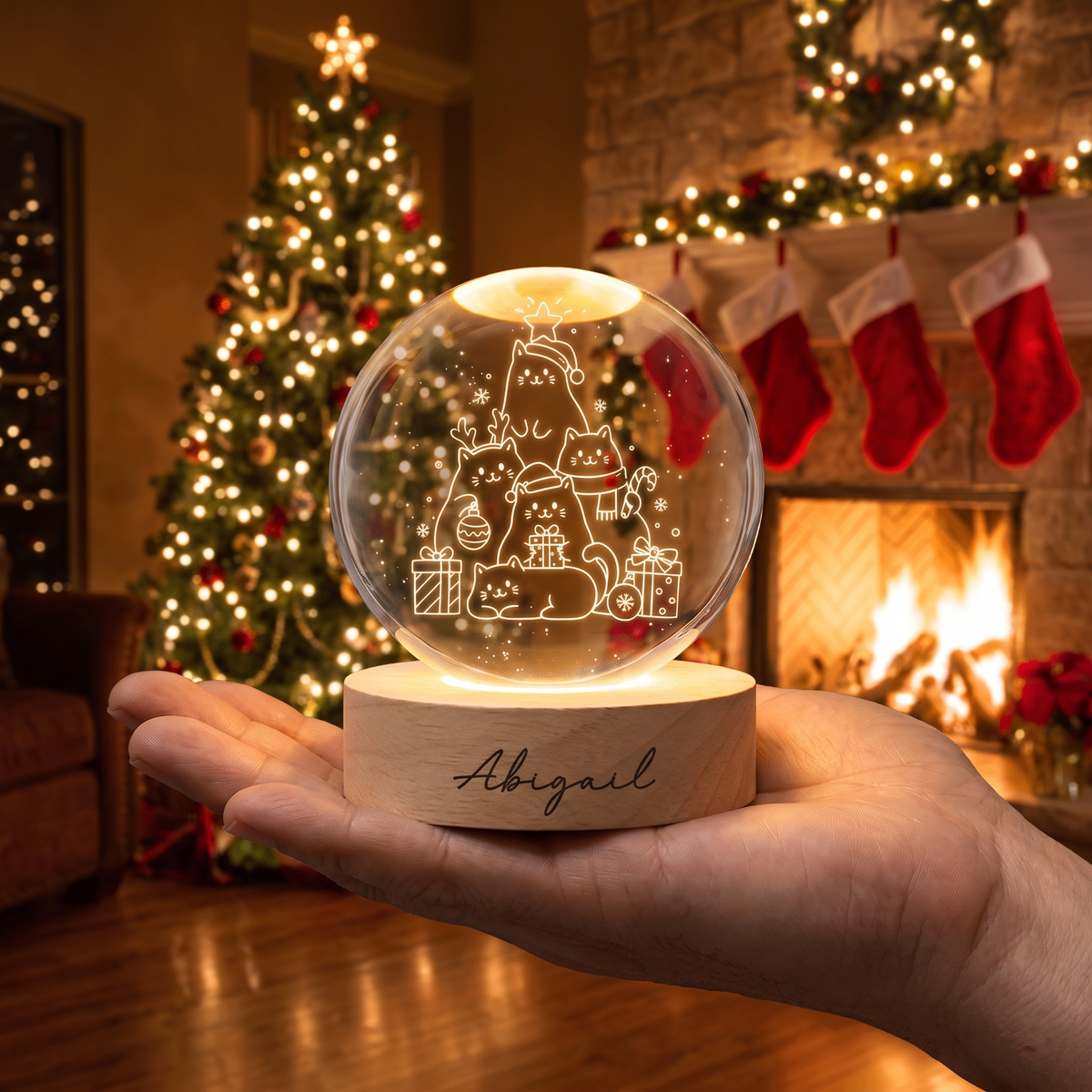 Custom Christmas Cats Tree 3D Laser Engraved Crystal Ball with LED Wooden Standee, Personalized Name Cute Kittens Holiday Glowing Tabletop Night Light Keepsake