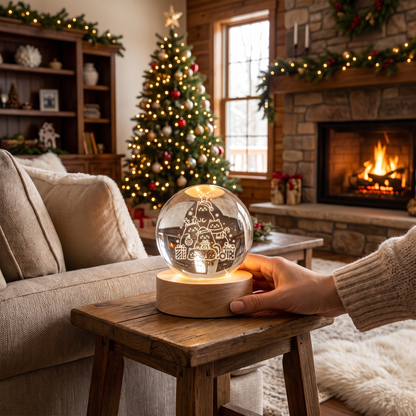 Custom Christmas Cats Tree 3D Laser Engraved Crystal Ball with LED Wooden Standee, Personalized Name Cute Kittens Holiday Glowing Tabletop Night Light Keepsake