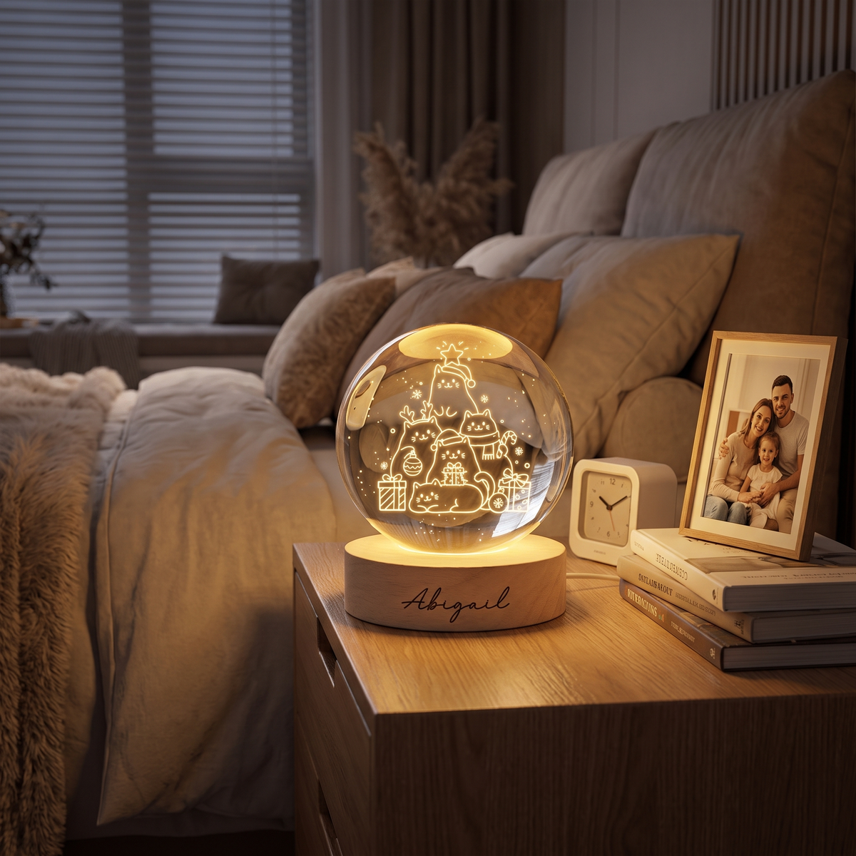 Custom Christmas Cats Tree 3D Laser Engraved Crystal Ball with LED Wooden Standee, Personalized Name Cute Kittens Holiday Glowing Tabletop Night Light Keepsake
