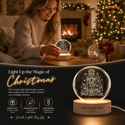 Custom Christmas Nutcracker Tree 3D Laser Engraved Crystal Ball with LED Wooden Standee, Personalized Name Wish Holiday Glowing Tabletop Night Light Keepsake
