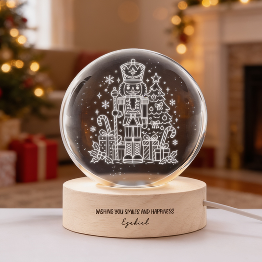 Custom Christmas Nutcracker Tree 3D Laser Engraved Crystal Ball with LED Wooden Standee, Personalized Name Wish Holiday Glowing Tabletop Night Light Keepsake