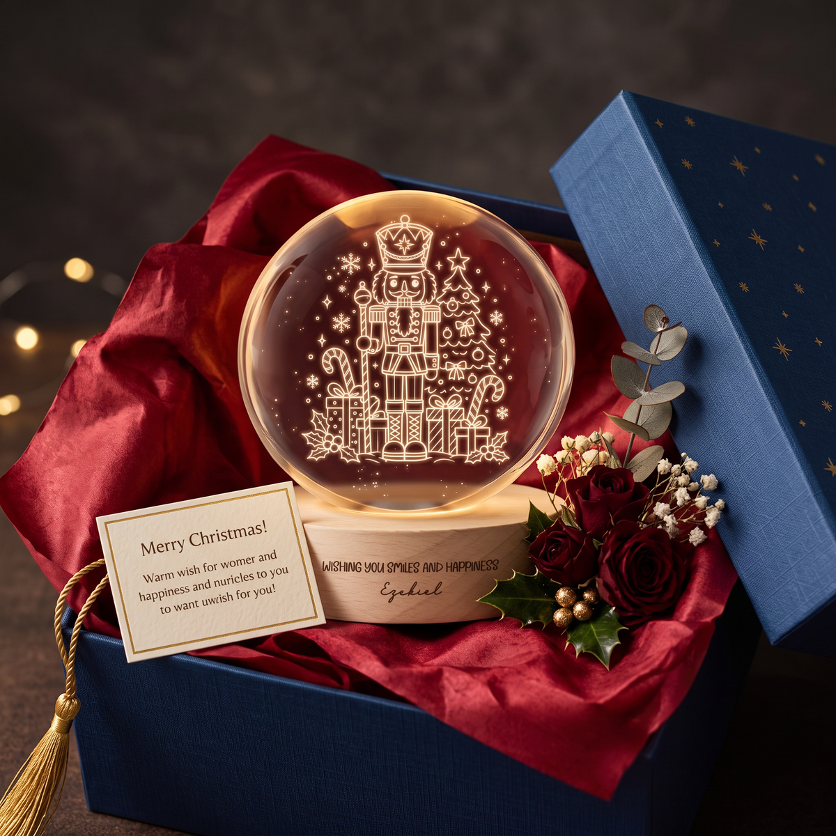 Custom Christmas Nutcracker Tree 3D Laser Engraved Crystal Ball with LED Wooden Standee, Personalized Name Wish Holiday Glowing Tabletop Night Light Keepsake