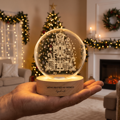 Custom Christmas Nutcracker Tree 3D Laser Engraved Crystal Ball with LED Wooden Standee, Personalized Name Wish Holiday Glowing Tabletop Night Light Keepsake