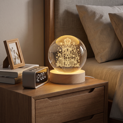 Custom Christmas Nutcracker Tree 3D Laser Engraved Crystal Ball with LED Wooden Standee, Personalized Name Wish Holiday Glowing Tabletop Night Light Keepsake