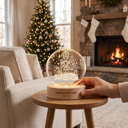 Custom Christmas Nutcracker Tree 3D Laser Engraved Crystal Ball with LED Wooden Standee, Personalized Name Wish Holiday Glowing Tabletop Night Light Keepsake