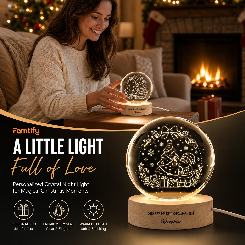 Custom Santa Tree 3D Laser Engraved Crystal Ball with LED Wooden Standee, Personalized Name Holiday Night Light Keepsake