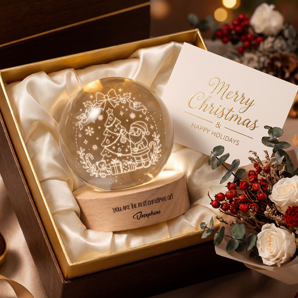 Custom Santa Tree 3D Laser Engraved Crystal Ball with LED Wooden Standee, Personalized Name Holiday Night Light Keepsake