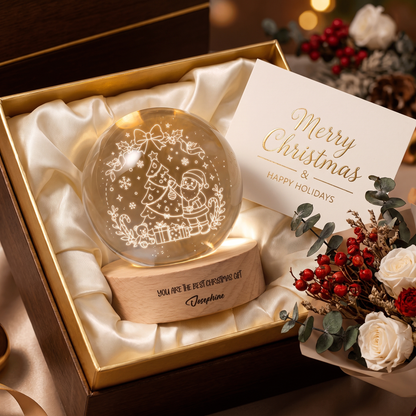 Custom Santa Tree 3D Laser Engraved Crystal Ball with LED Wooden Standee, Personalized Name Holiday Night Light Keepsake