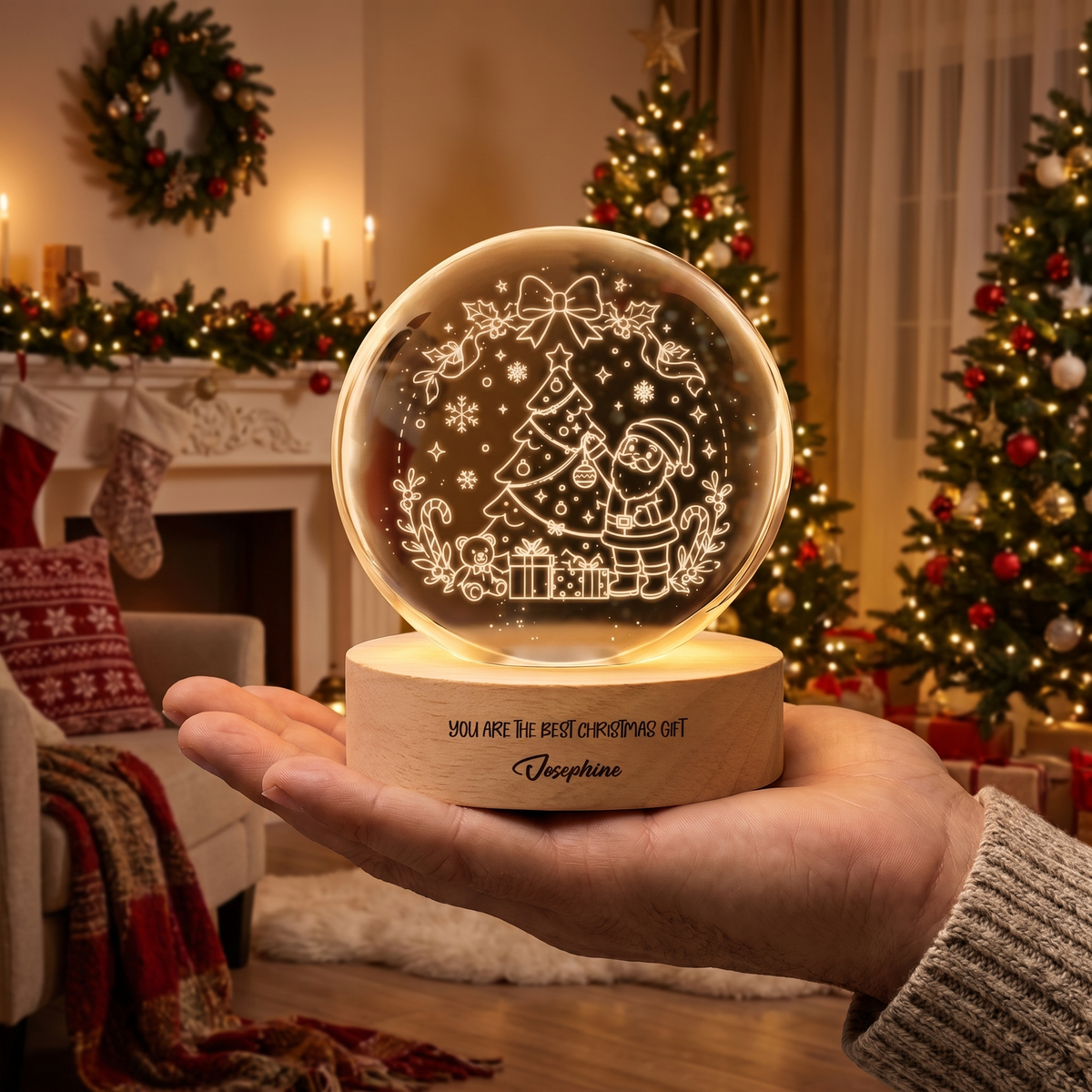 Custom Santa Tree 3D Laser Engraved Crystal Ball with LED Wooden Standee, Personalized Name Holiday Night Light Keepsake
