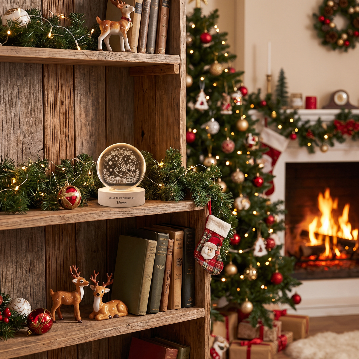 Custom Santa Tree 3D Laser Engraved Crystal Ball with LED Wooden Standee, Personalized Name Holiday Night Light Keepsake
