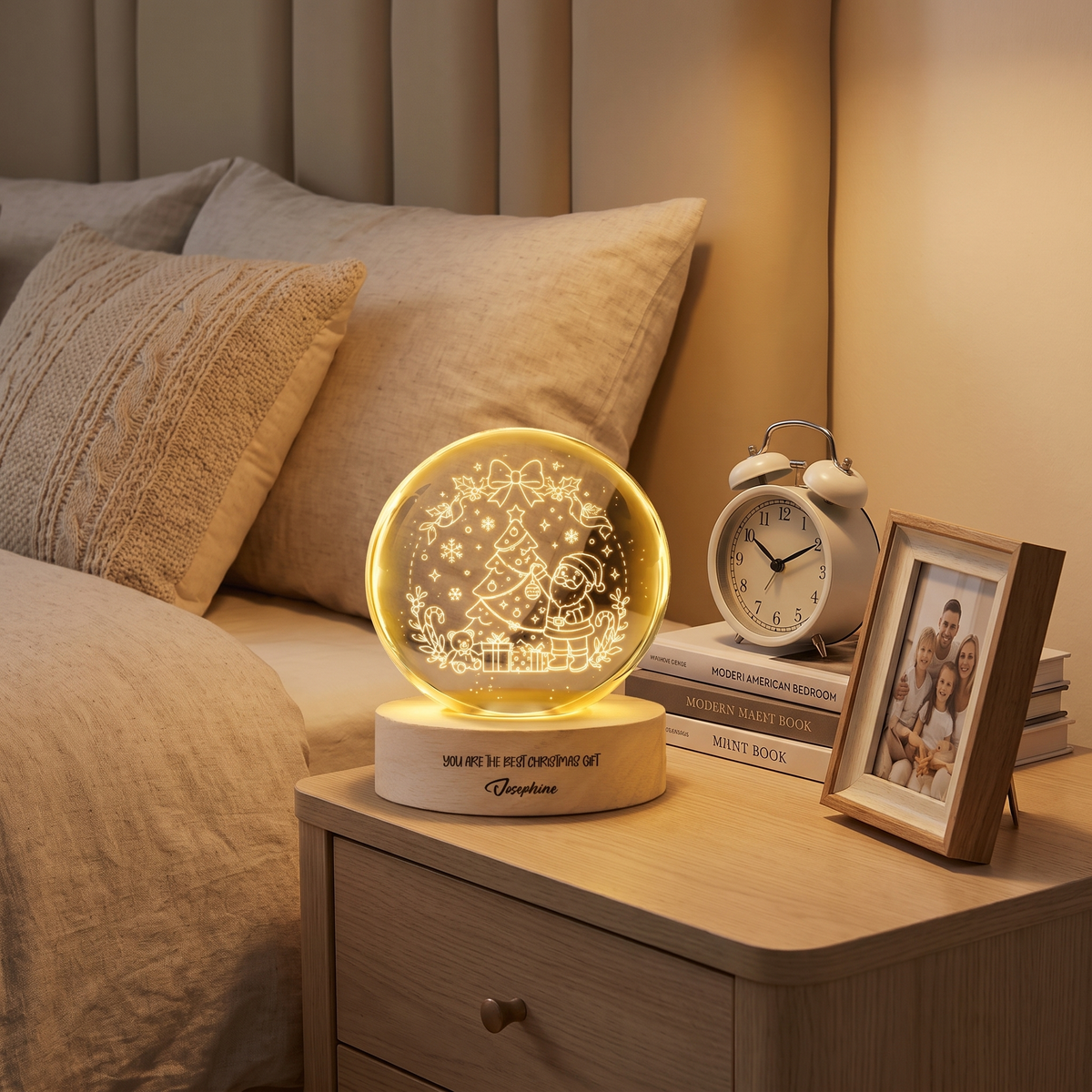 Custom Santa Tree 3D Laser Engraved Crystal Ball with LED Wooden Standee, Personalized Name Holiday Night Light Keepsake