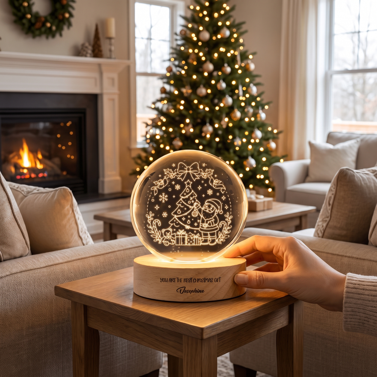 Custom Santa Tree 3D Laser Engraved Crystal Ball with LED Wooden Standee, Personalized Name Holiday Night Light Keepsake