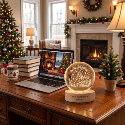 Custom Santa Tree 3D Laser Engraved Crystal Ball with LED Wooden Standee, Personalized Name Holiday Night Light Keepsake