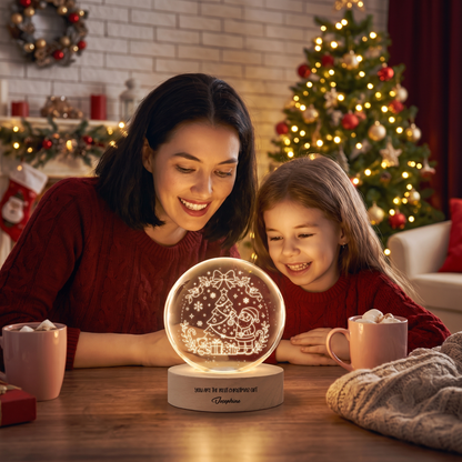 Custom Santa Tree 3D Laser Engraved Crystal Ball with LED Wooden Standee, Personalized Name Holiday Night Light Keepsake