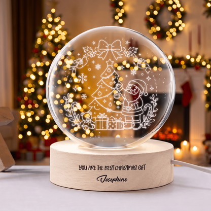 Custom Santa Tree 3D Laser Engraved Crystal Ball with LED Wooden Standee, Personalized Name Holiday Night Light Keepsake