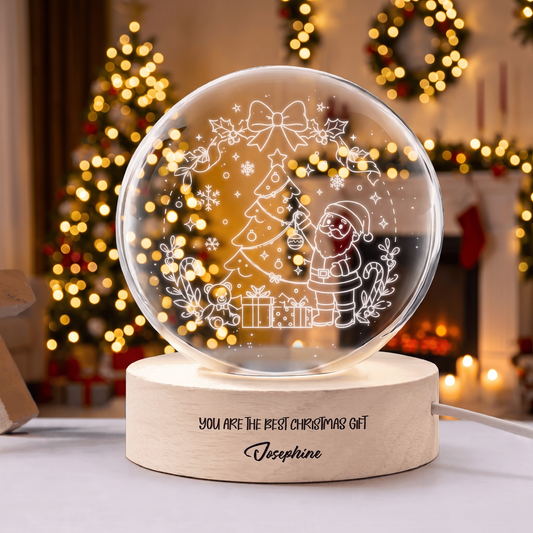 Custom Santa Tree 3D Laser Engraved Crystal Ball with LED Wooden Standee, Personalized Name Holiday Night Light Keepsake