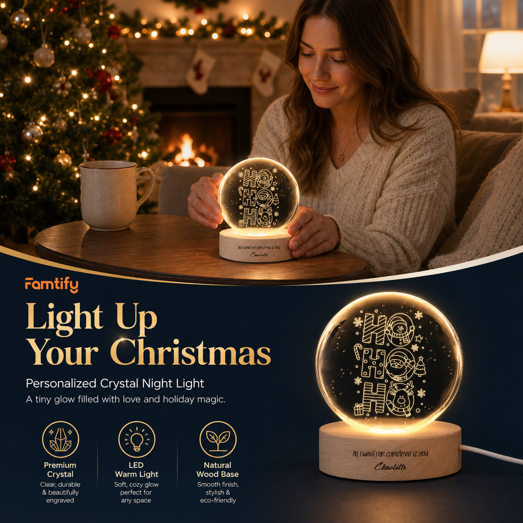Custom Ho Ho Ho Santa Reindeer 3D Laser Engraved Crystal Ball with LED Wooden Standee, Personalized Name Holiday Night Light Keepsake