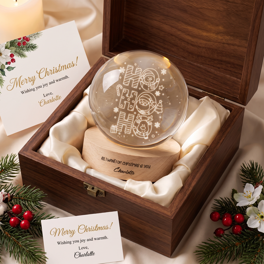 Custom Ho Ho Ho Santa Reindeer 3D Laser Engraved Crystal Ball with LED Wooden Standee, Personalized Name Holiday Night Light Keepsake