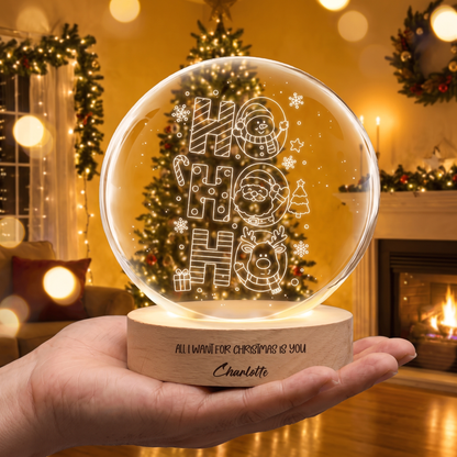 Custom Ho Ho Ho Santa Reindeer 3D Laser Engraved Crystal Ball with LED Wooden Standee, Personalized Name Holiday Night Light Keepsake