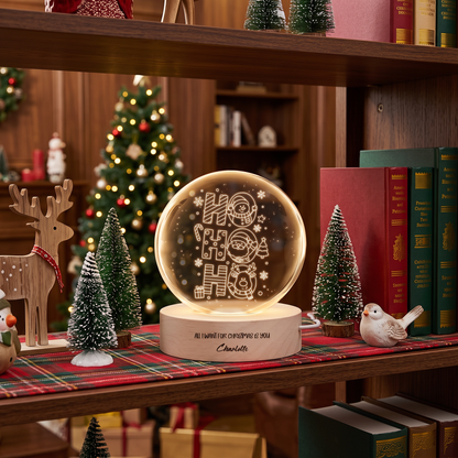 Custom Ho Ho Ho Santa Reindeer 3D Laser Engraved Crystal Ball with LED Wooden Standee, Personalized Name Holiday Night Light Keepsake