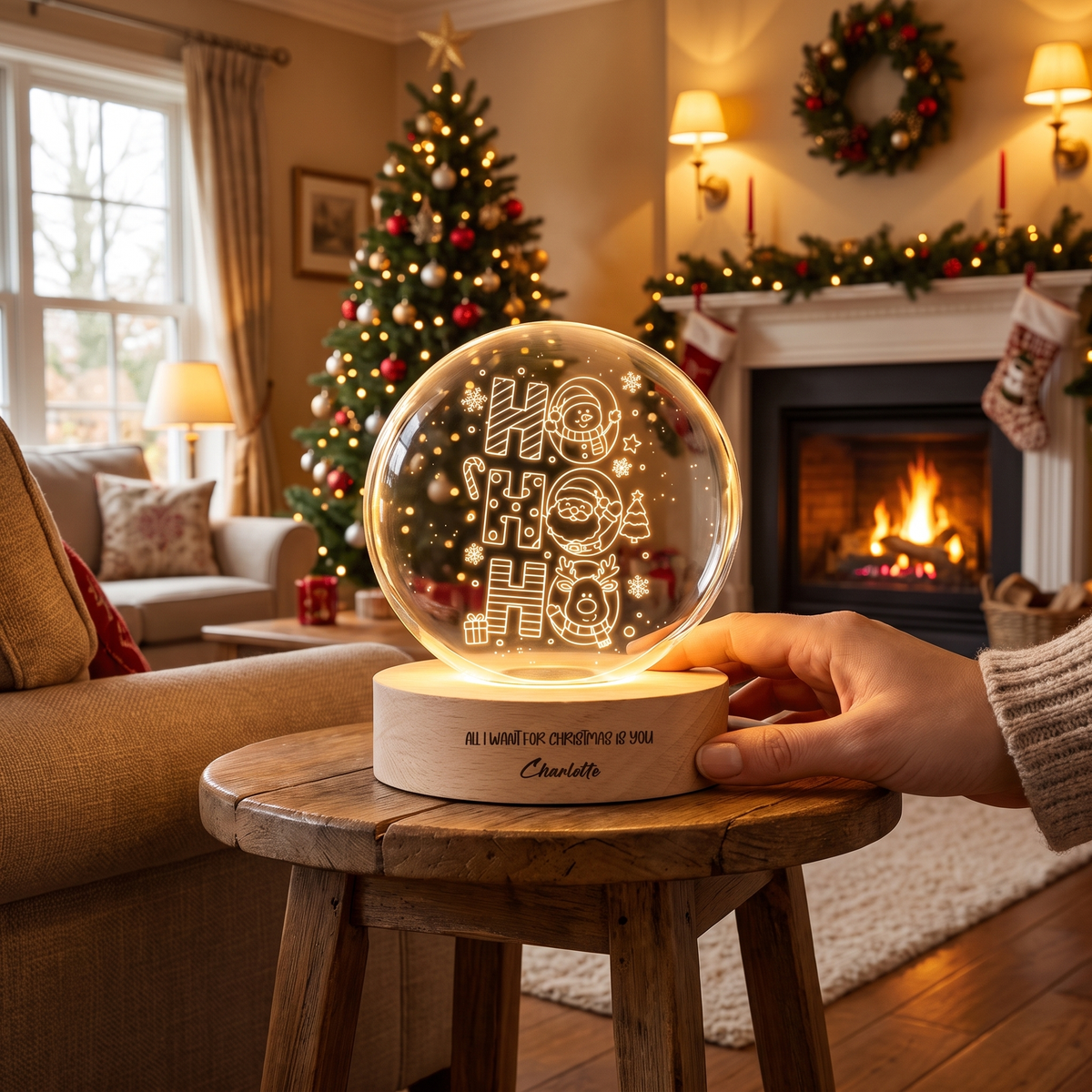 Custom Ho Ho Ho Santa Reindeer 3D Laser Engraved Crystal Ball with LED Wooden Standee, Personalized Name Holiday Night Light Keepsake