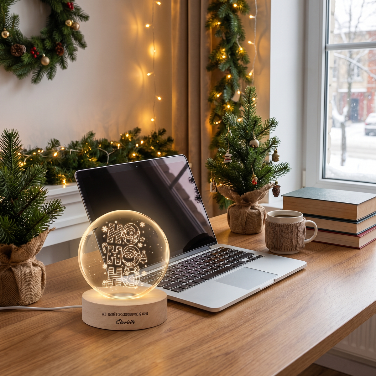 Custom Ho Ho Ho Santa Reindeer 3D Laser Engraved Crystal Ball with LED Wooden Standee, Personalized Name Holiday Night Light Keepsake